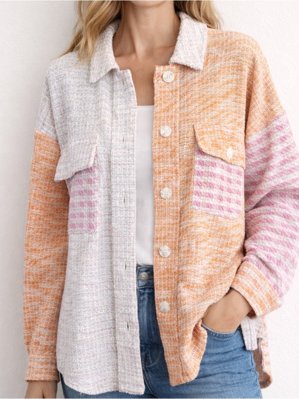 Mystree Colorblock Tweed Shacket Metallic Thread NWOT Pink M